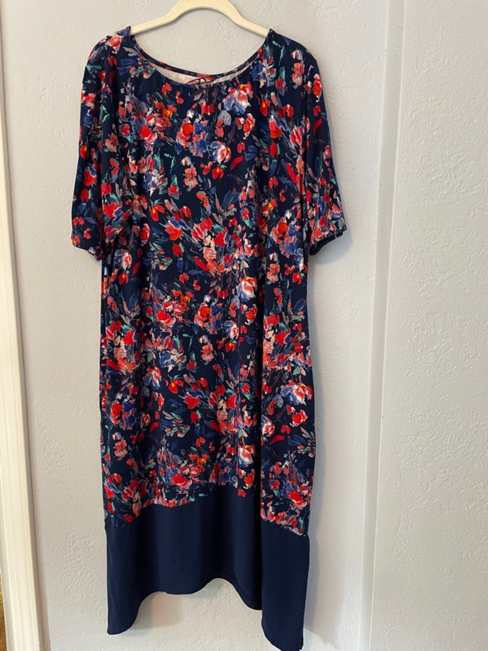 Navy Floral Midi Dress with Red & Pink Bloom Print